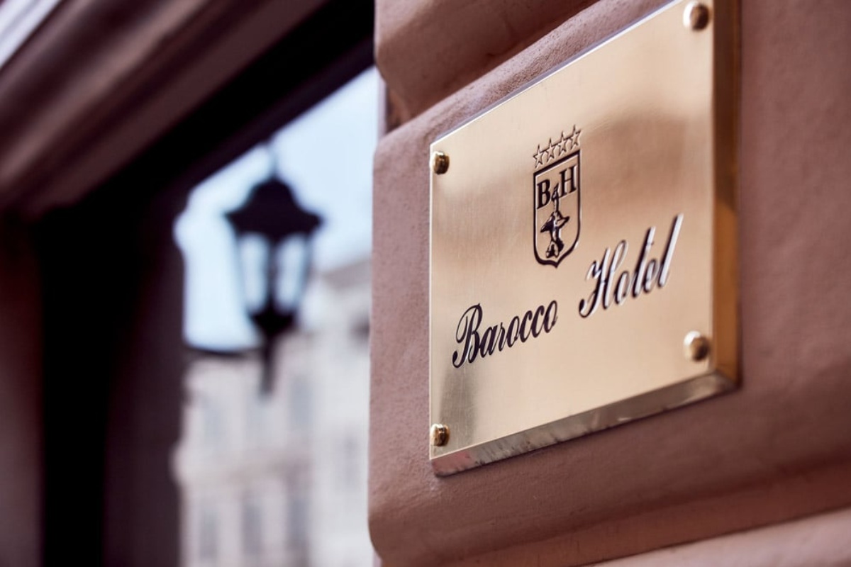Hotel Barocco - Sign on the exterior of the hotel facing piazza Barberini.