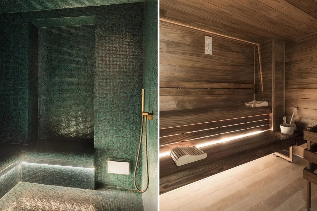 Hotel Grand Powers - a sauna with a shower and a bench