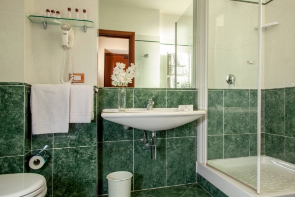 Hotel Colosseum - A marble shower room with modern fixtures.