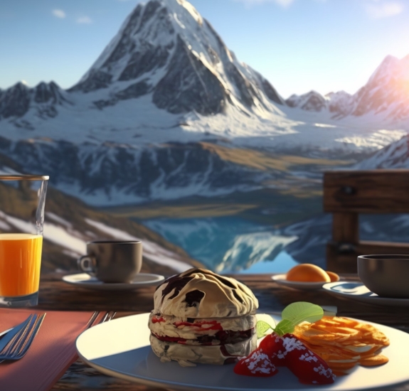 Afternoon tea of champions in a hotel looking over snow landscape with mountains
